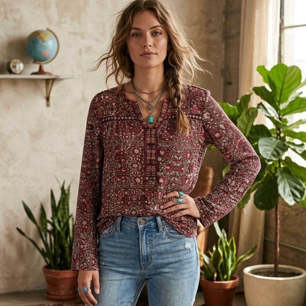 ANTHROPOLOGIE One September Mataura Boho Peasant Top in Maroon Red Small